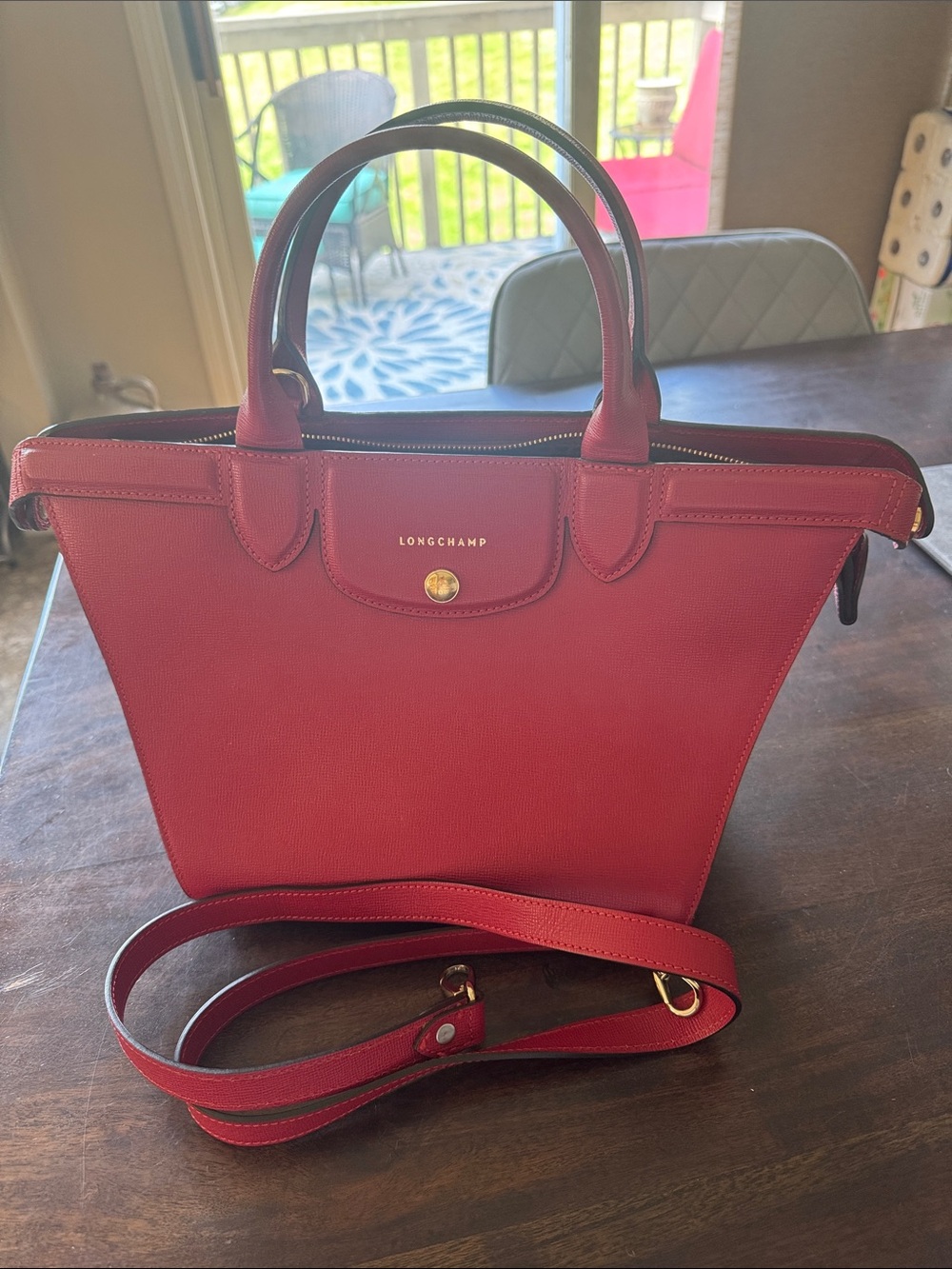 Longchamp Red Leather Satchel Tote with Detachable Strap